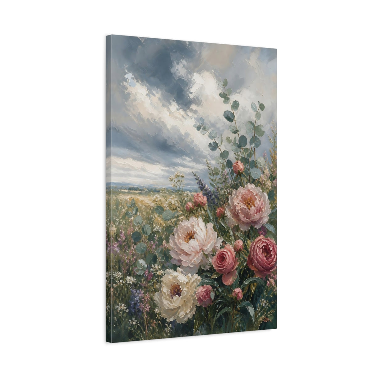Side Mockup 2. Floral Peonies Pink And Blue Floral shown as stretched canvas wall art