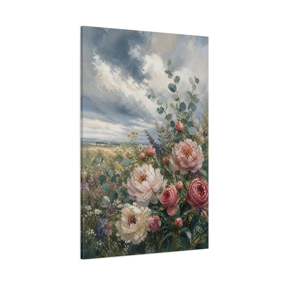 Side Mockup 1. Floral Peonies Pink And Blue Floral shown as stretched canvas wall art