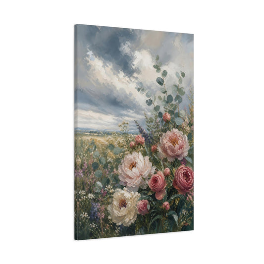 Main Mockup. Floral Peonies Pink And Blue Floral shown as stretched canvas wall art