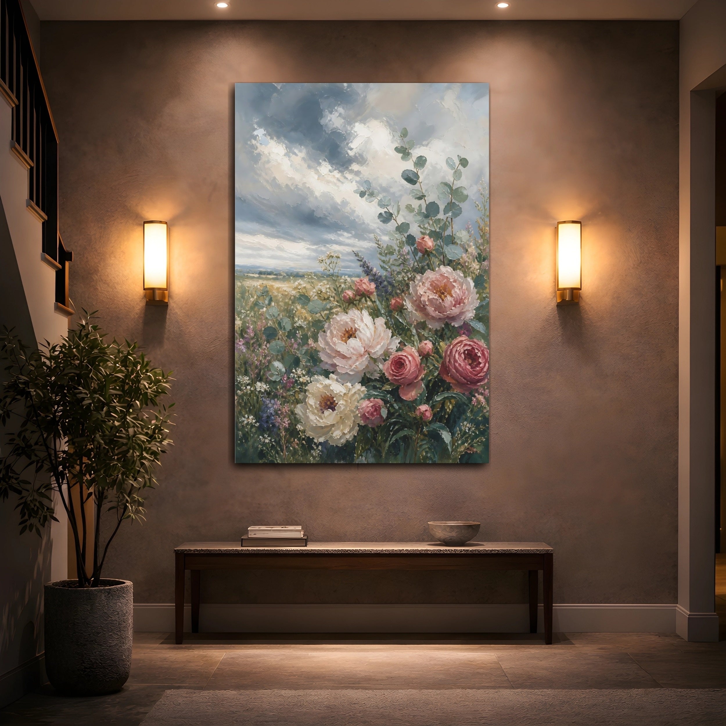 Mockup 2. Floral Peonies Pink And Blue Floral shown as stretched canvas wall art