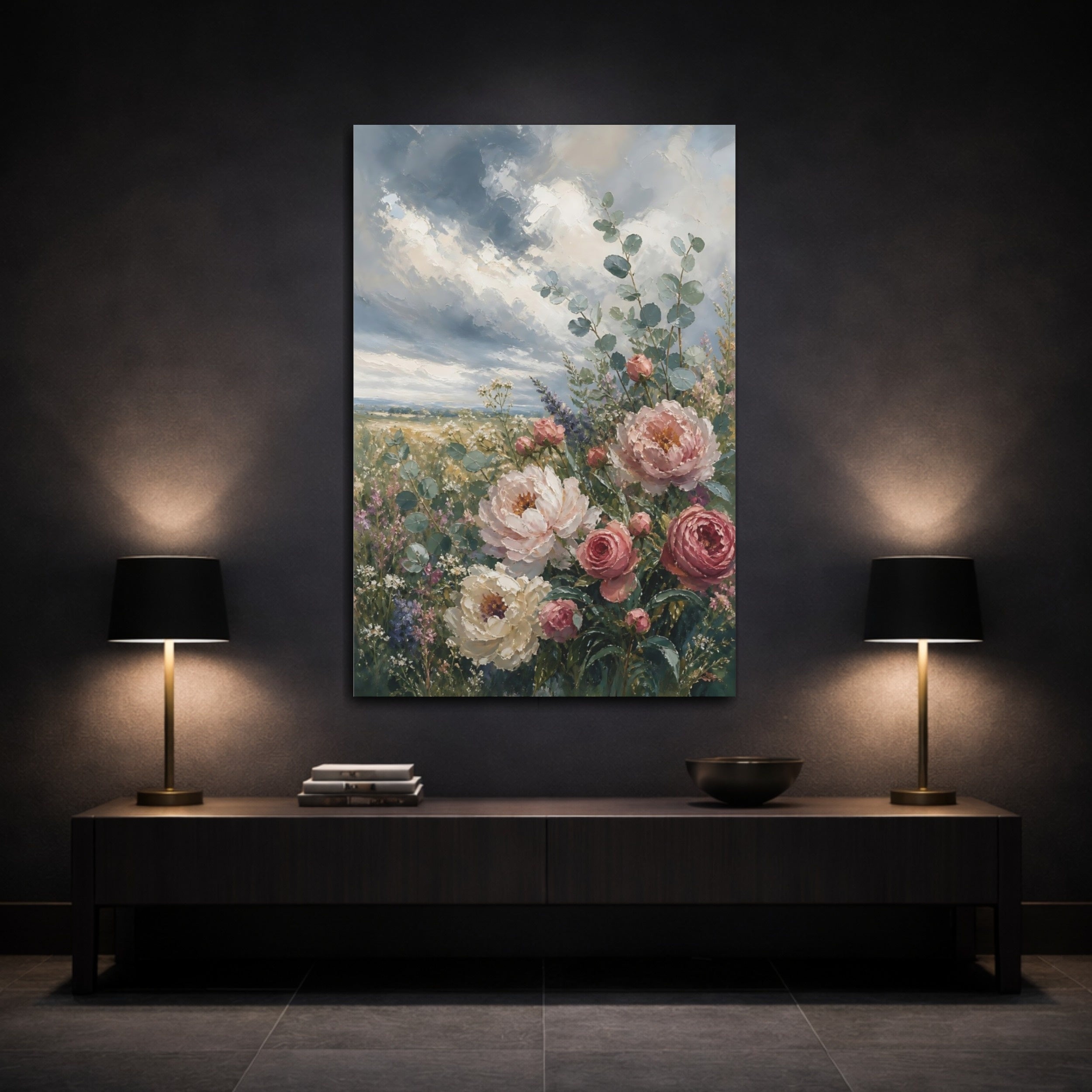 Mockup 3. Floral Peonies Pink And Blue Floral shown as stretched canvas wall art