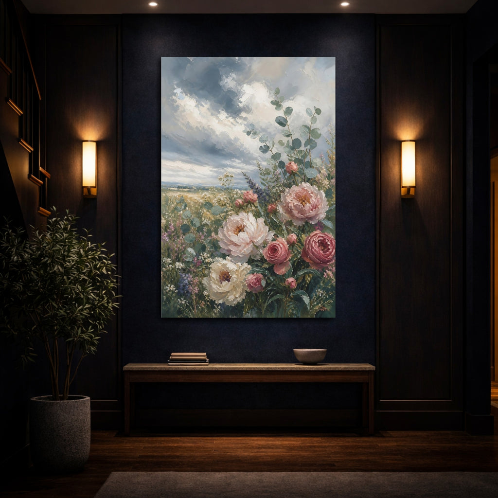 Mockup 4. Floral Peonies Pink And Blue Floral shown as stretched canvas wall art