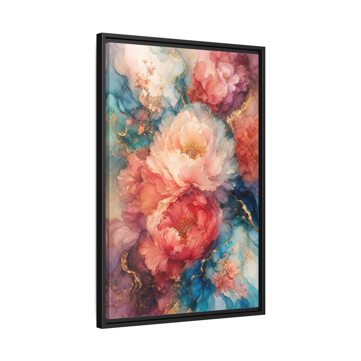 Floral Peonies Pink and Blue Framed Canvas Wall Art - Watercolor Living Room, Above Console Table shown as canvas wall art