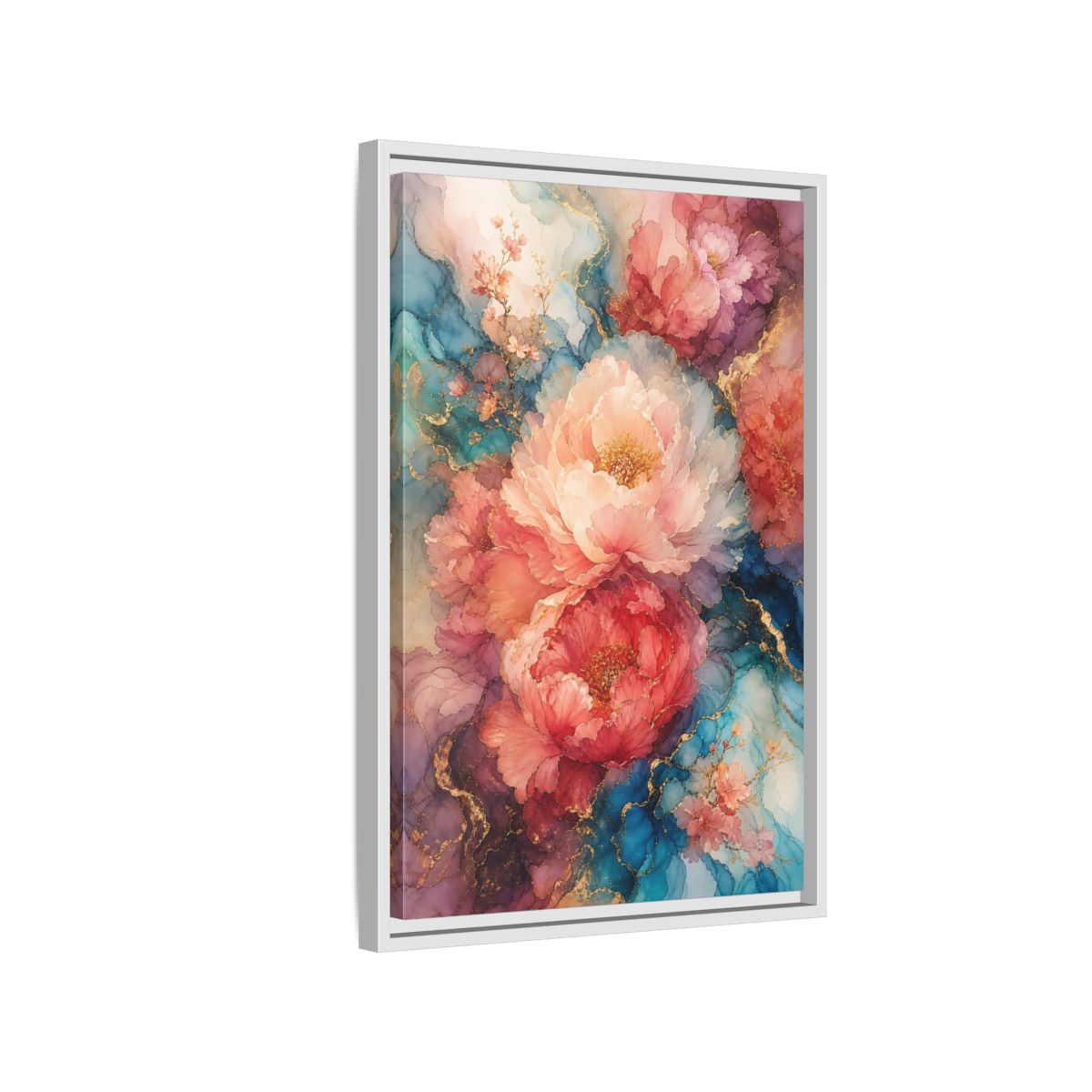 Floral Peonies Pink and Blue Framed Canvas Wall Art - Watercolor Living Room, Above Console Table shown as canvas wall art