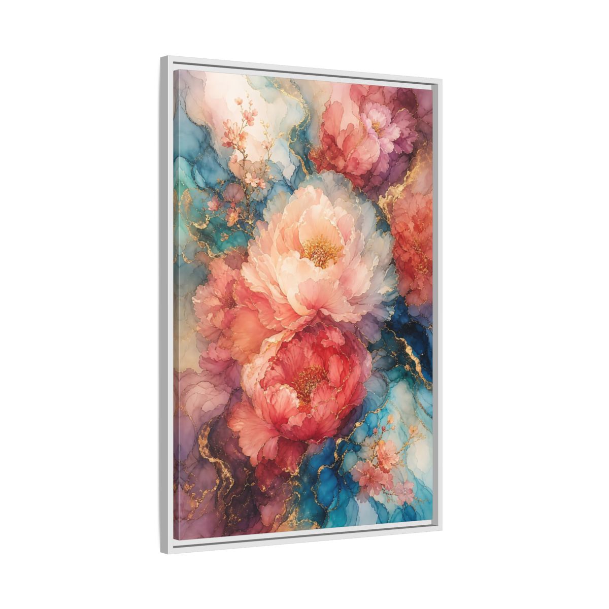 Floral Peonies Pink and Blue Framed Canvas Wall Art - Watercolor Living Room, Above Console Table shown as canvas wall art