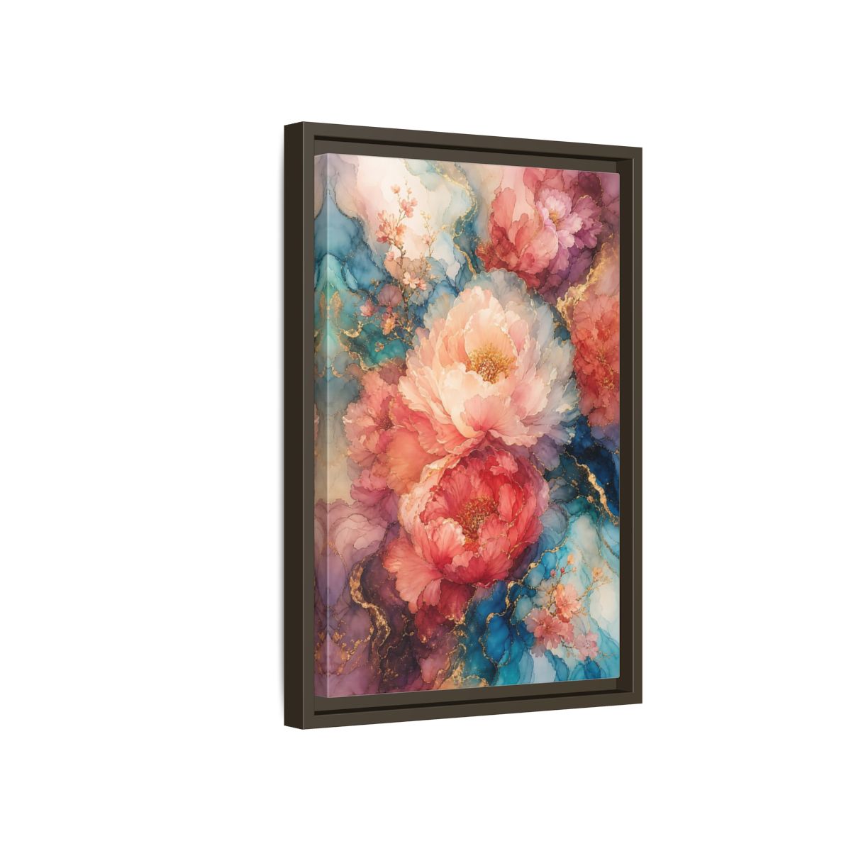 Floral Peonies Pink and Blue Framed Canvas Wall Art - Watercolor Living Room, Above Console Table shown as canvas wall art