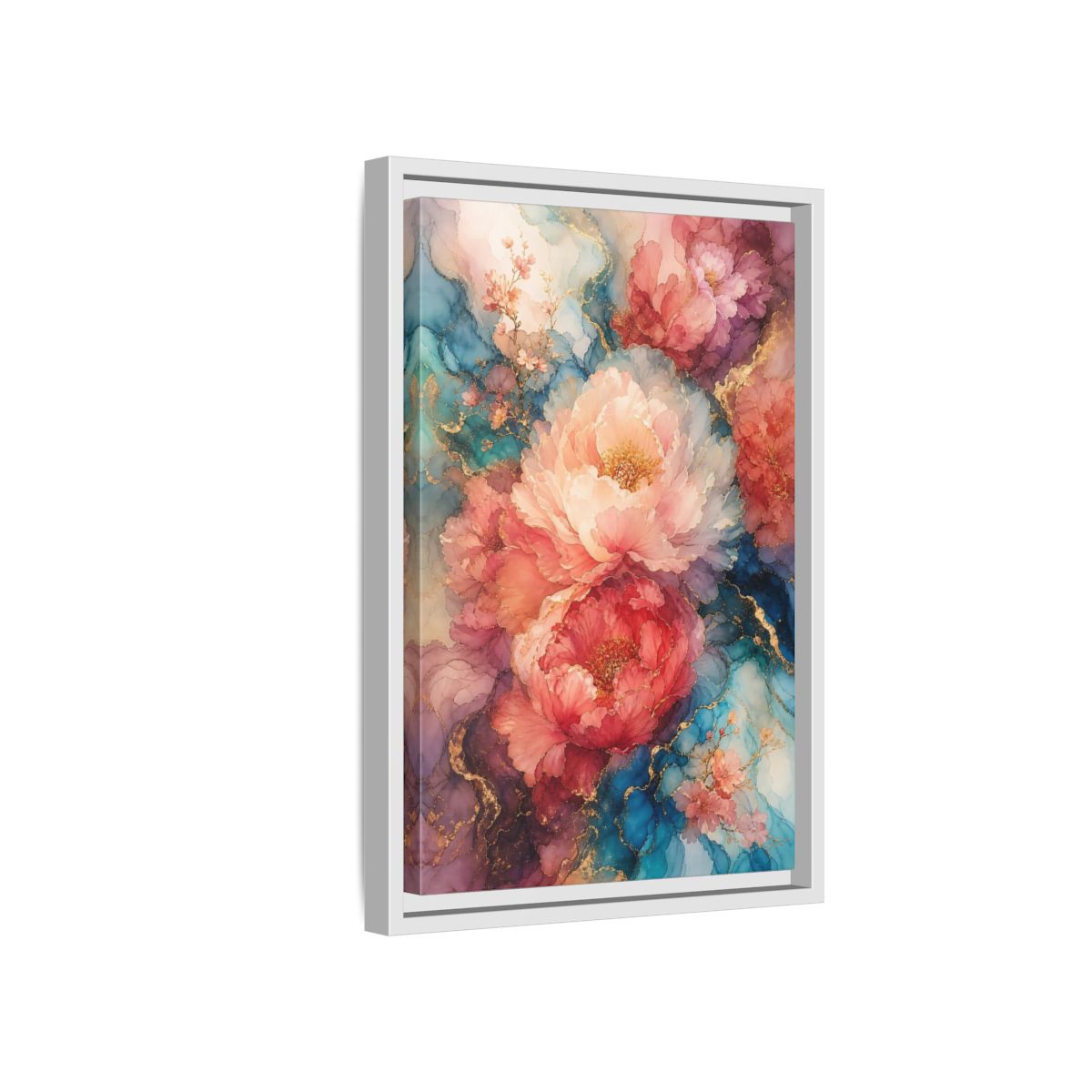 Floral Peonies Pink and Blue Framed Canvas Wall Art - Watercolor Living Room, Above Console Table shown as canvas wall art