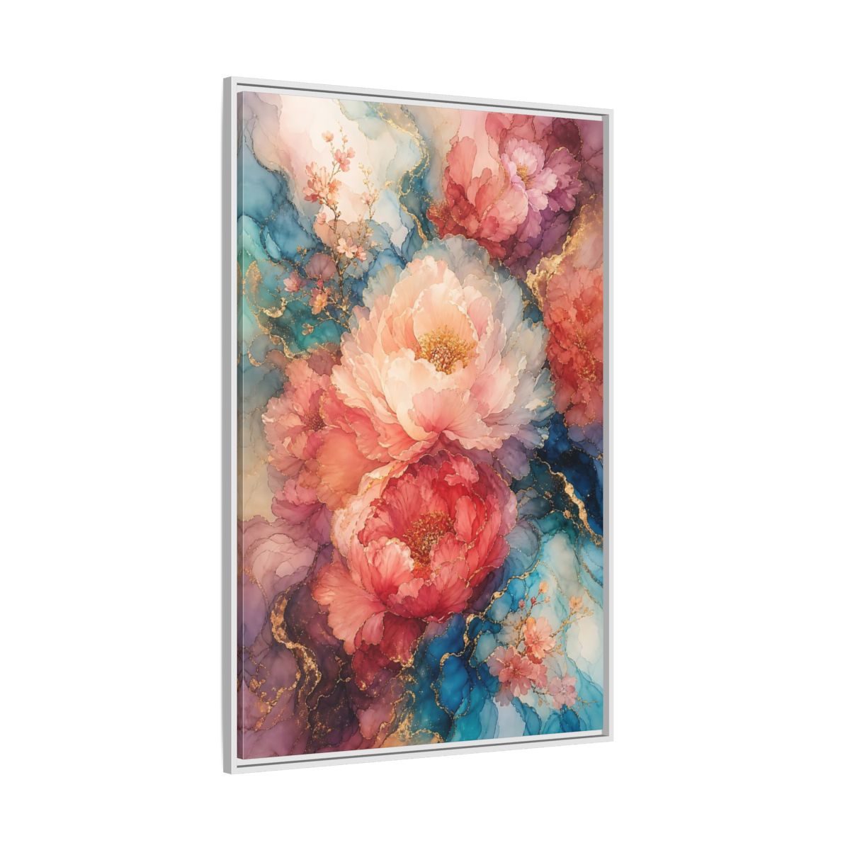 Floral Peonies Pink and Blue Framed Canvas Wall Art - Watercolor Living Room, Above Console Table shown as canvas wall art