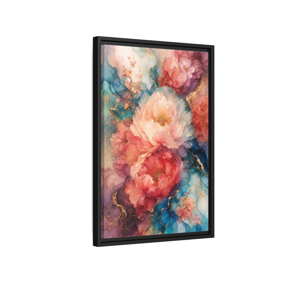 Floral Peonies Pink and Blue Framed Canvas Wall Art - Watercolor Living Room, Above Console Table shown as canvas wall art