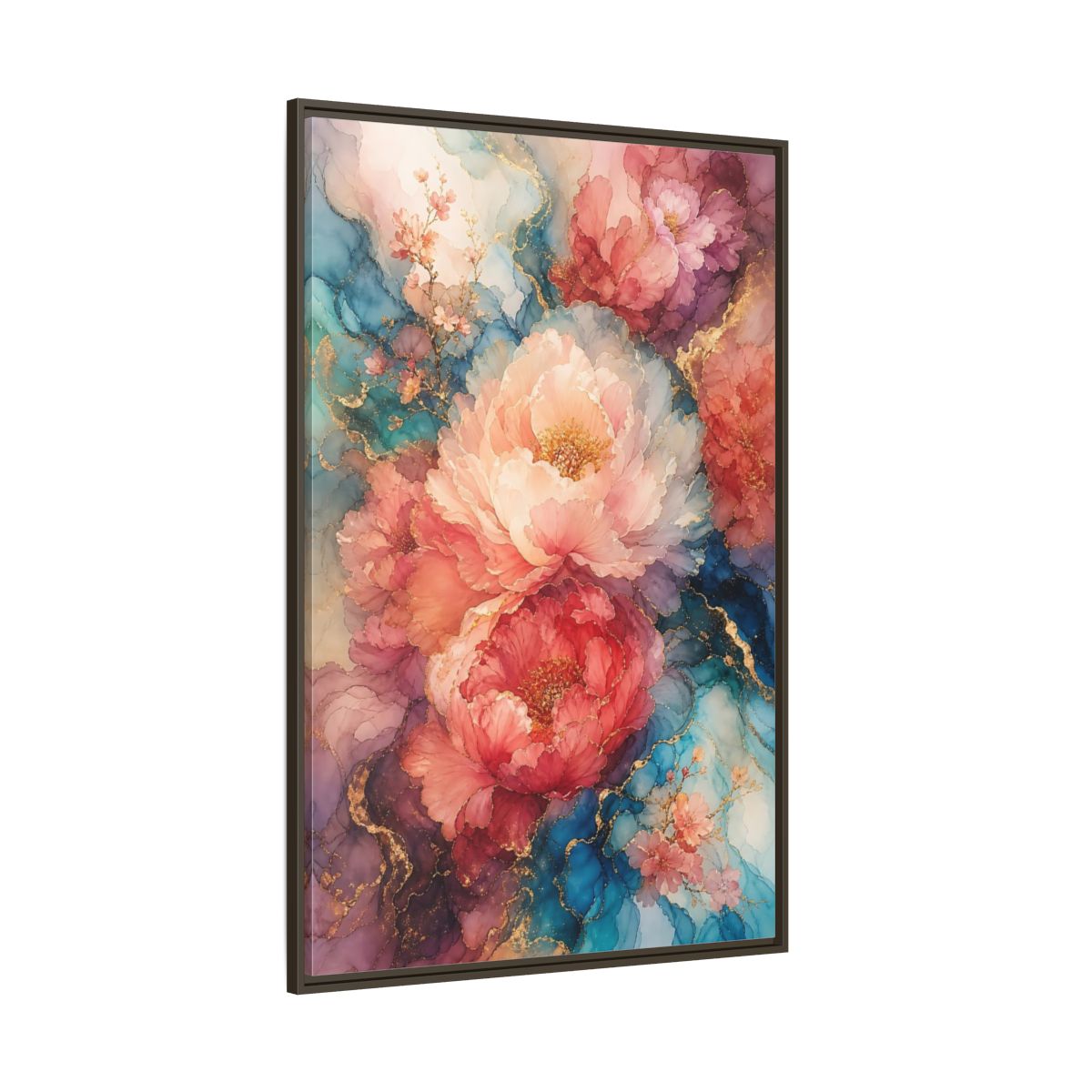 Floral Peonies Pink and Blue Framed Canvas Wall Art - Watercolor Living Room, Above Console Table shown as canvas wall art