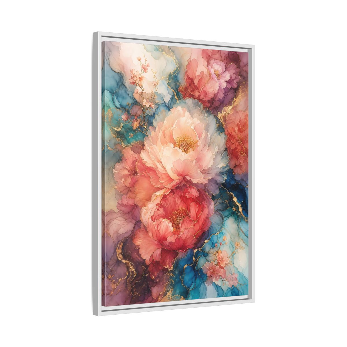 Floral Peonies Pink and Blue Framed Canvas Wall Art - Watercolor Living Room, Above Console Table shown as canvas wall art