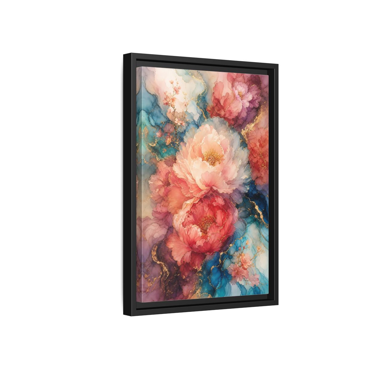 Side Mockup 6. Floral Peonies Pink And Blue Peonies shown as stretched canvas wall art