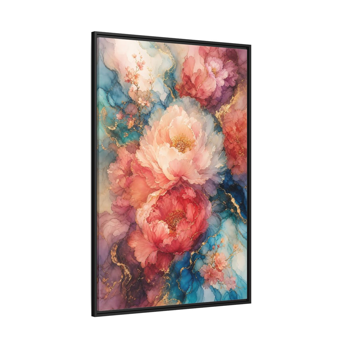 Floral Peonies Pink and Blue Framed Canvas Wall Art - Watercolor Living Room, Above Console Table shown as canvas wall art