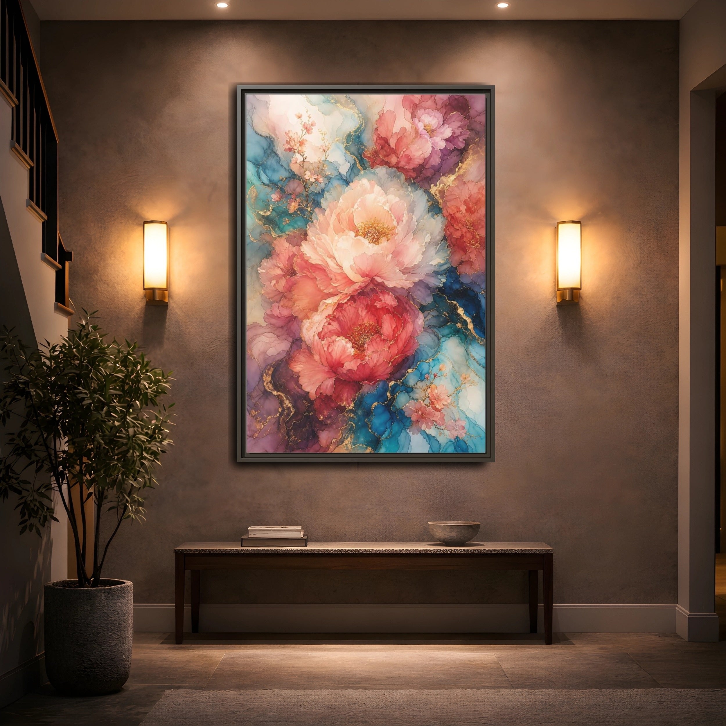 Mockup 2. Floral Peonies Pink And Blue Peonies shown as stretched canvas wall art