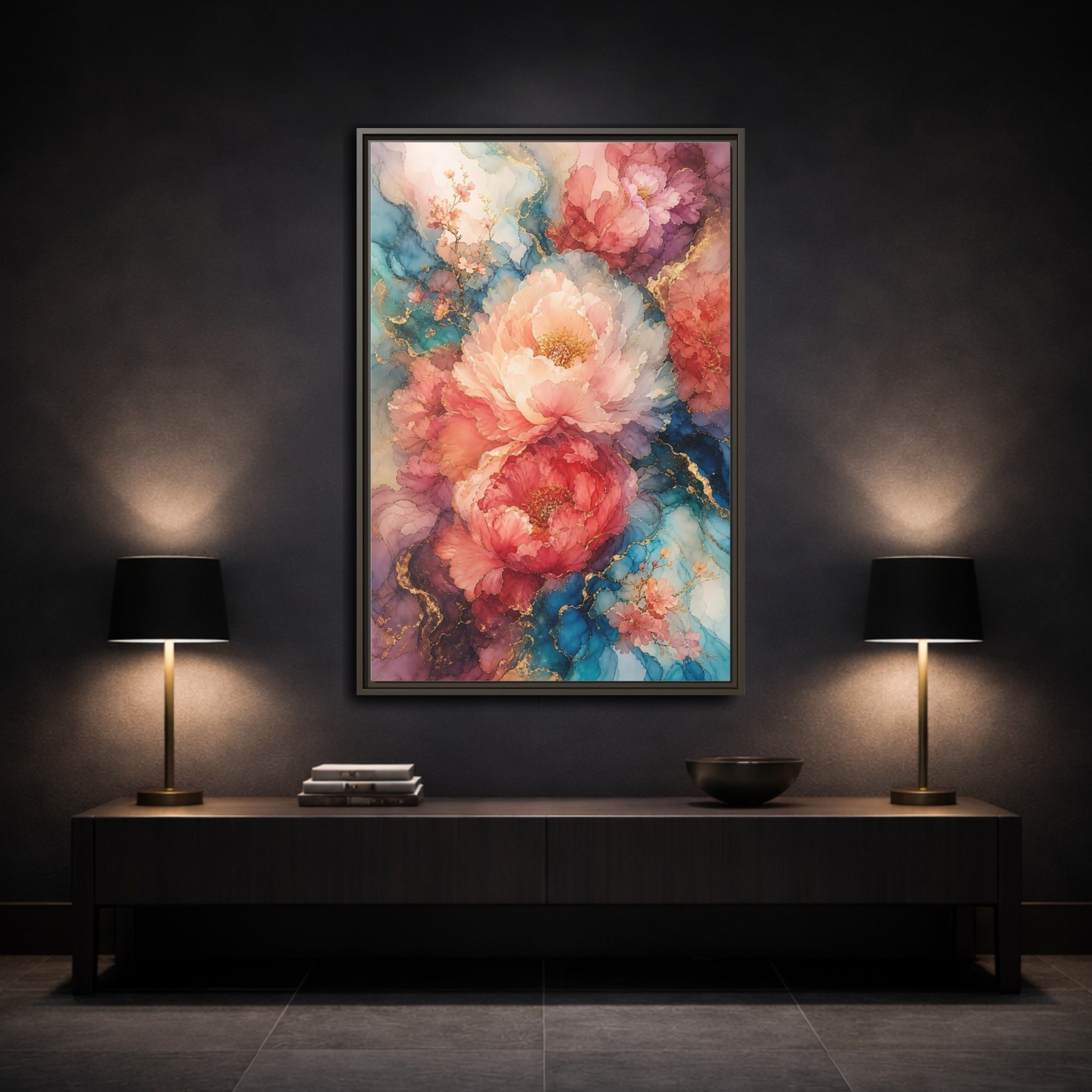 Mockup 3. Floral Peonies Pink And Blue Peonies shown as stretched canvas wall art