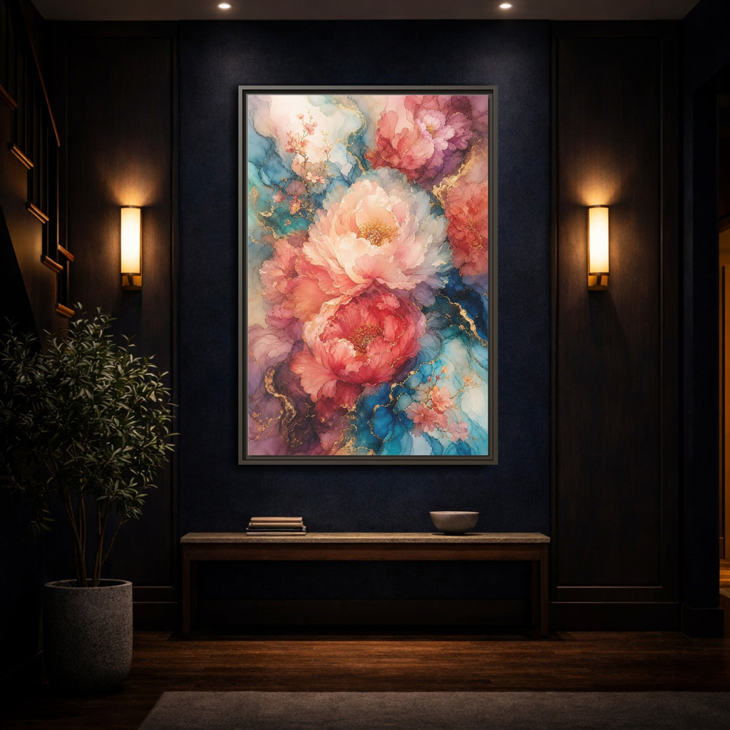 Mockup 4. Floral Peonies Pink And Blue Peonies shown as stretched canvas wall art