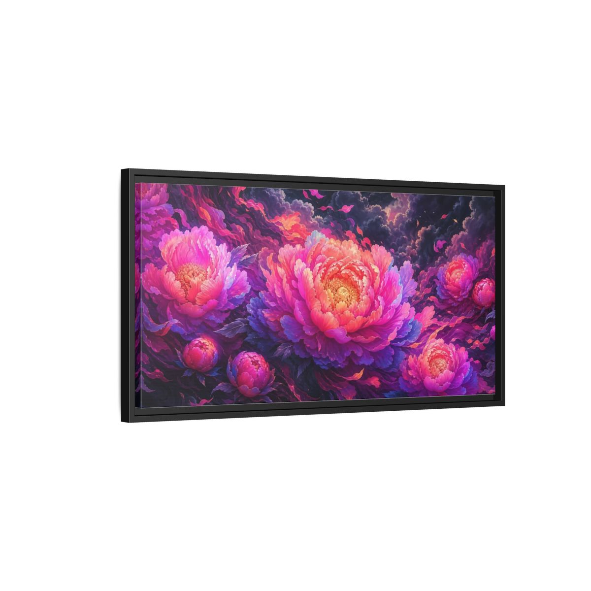 Side Mockup 2. Floral Peonies Pink And Purple Peonies shown as stretched canvas wall art