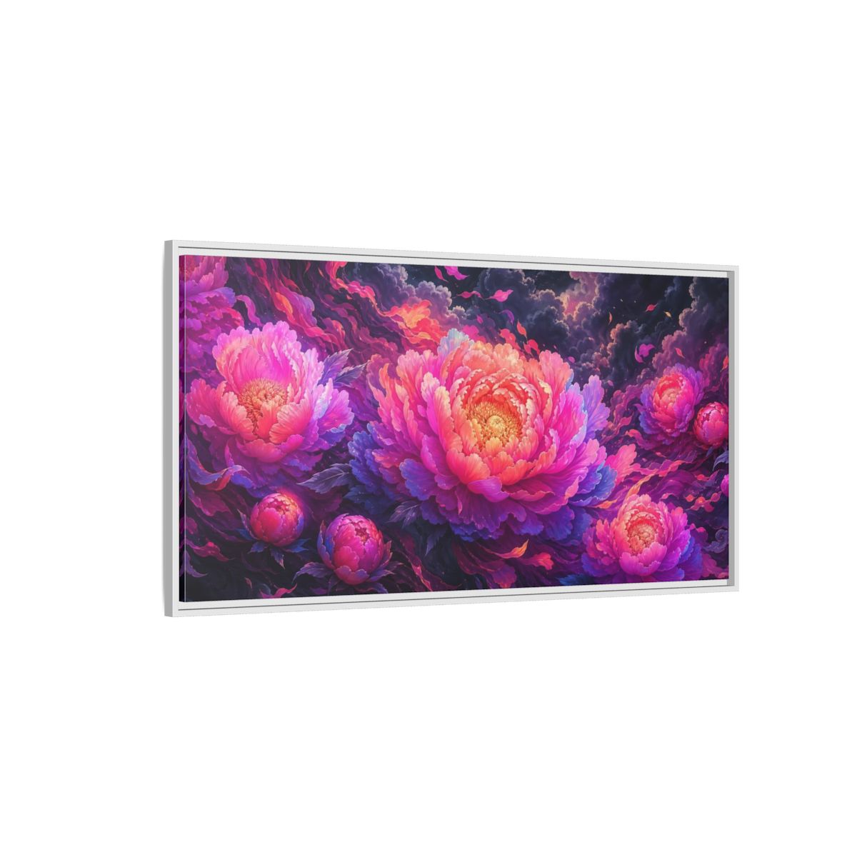 Side Mockup 3. Floral Peonies Pink And Purple Peonies shown as stretched canvas wall art