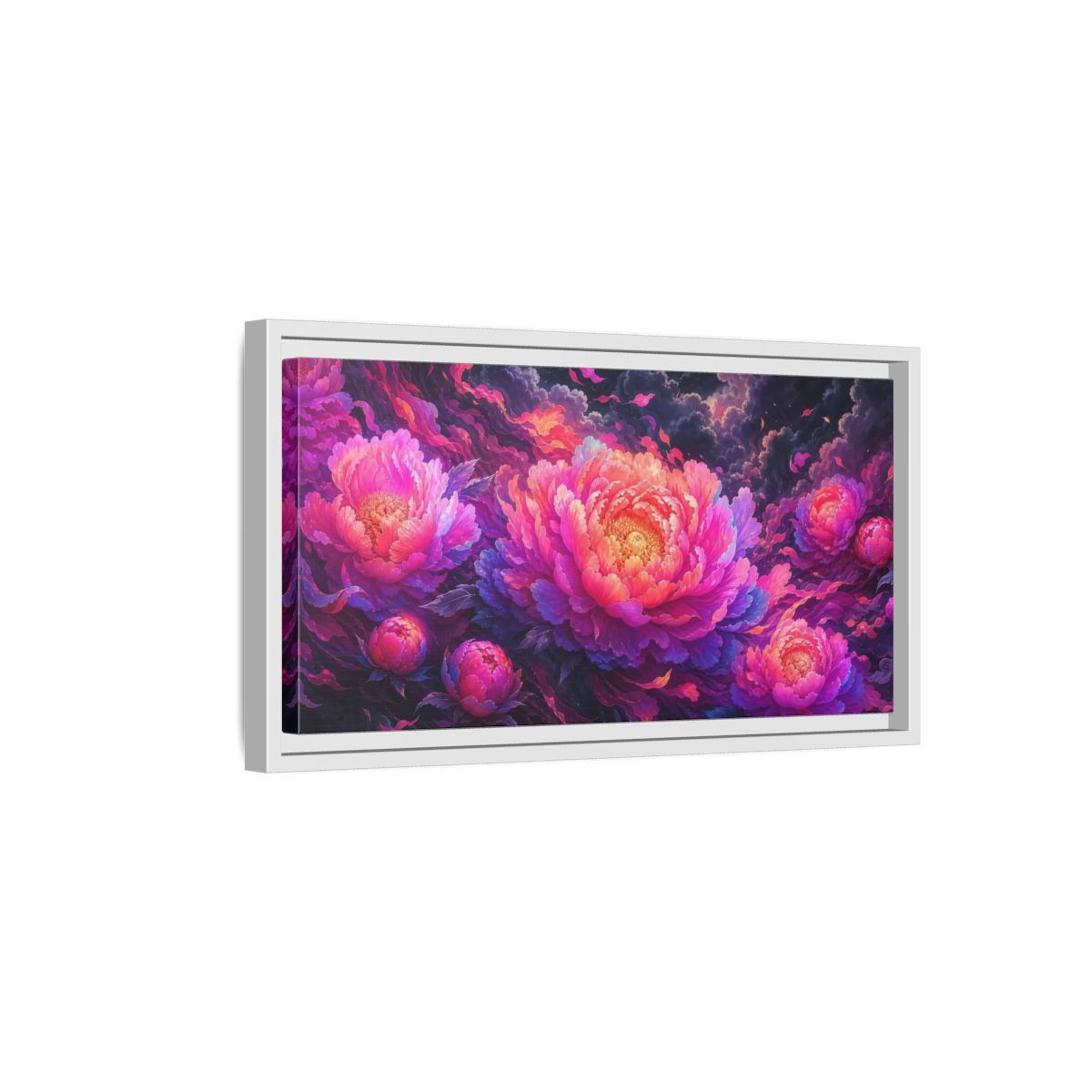 Side Mockup 6. Floral Peonies Pink And Purple Peonies shown as stretched canvas wall art