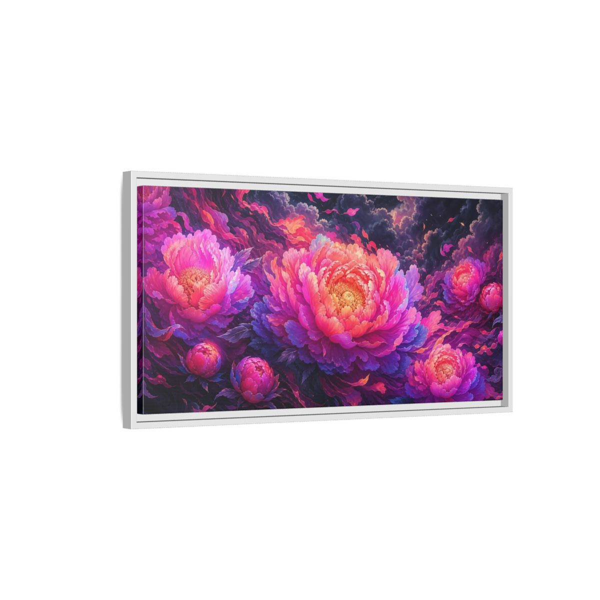 Side Mockup 1. Floral Peonies Pink And Purple Peonies shown as stretched canvas wall art