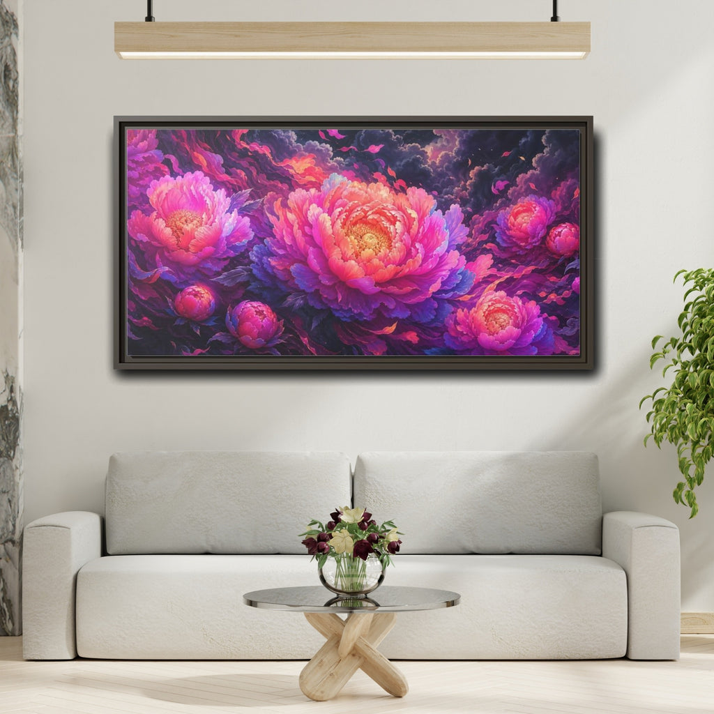Mockup 2. Floral Peonies Pink And Purple Peonies shown as stretched canvas wall art