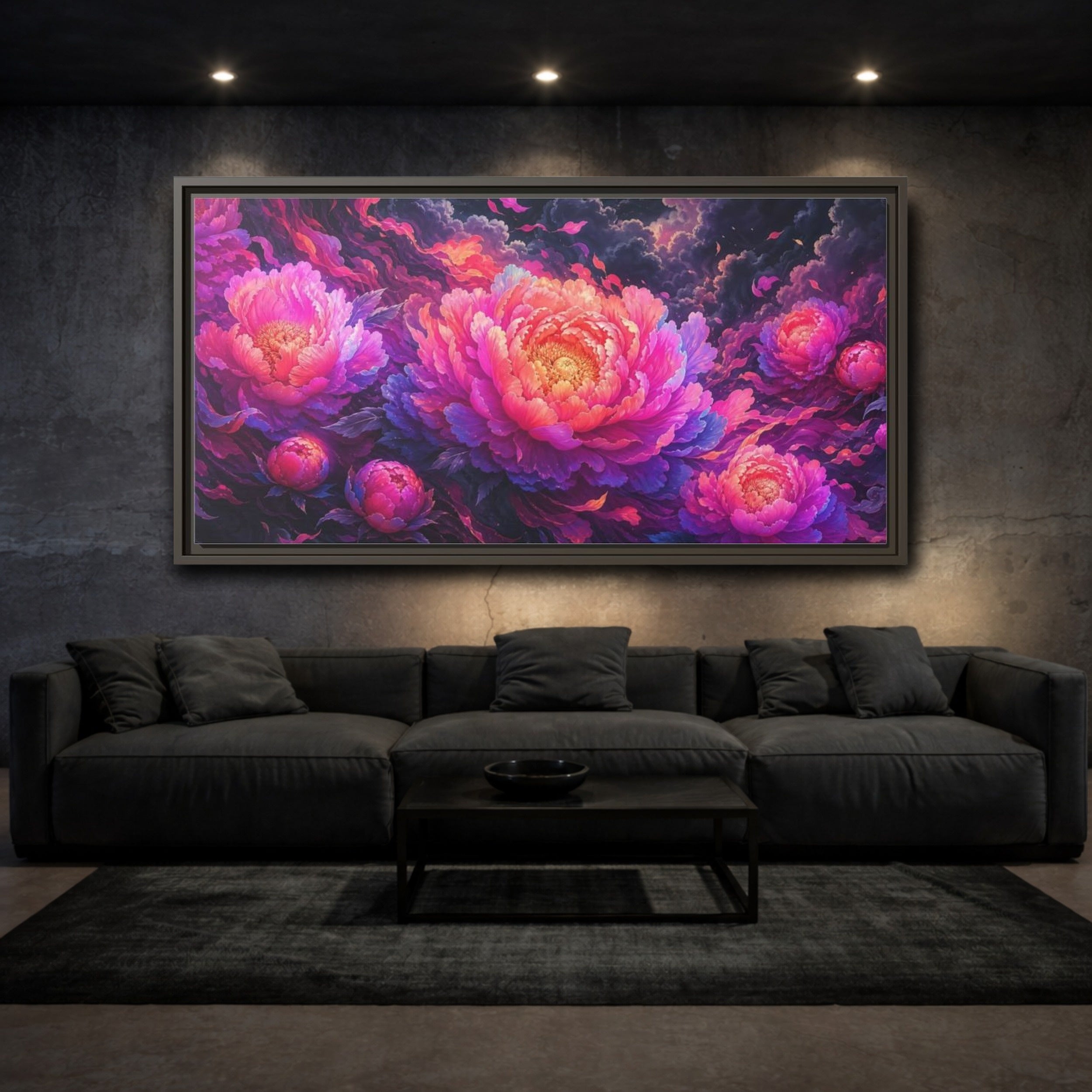 Mockup 3. Floral Peonies Pink And Purple Peonies shown as stretched canvas wall art