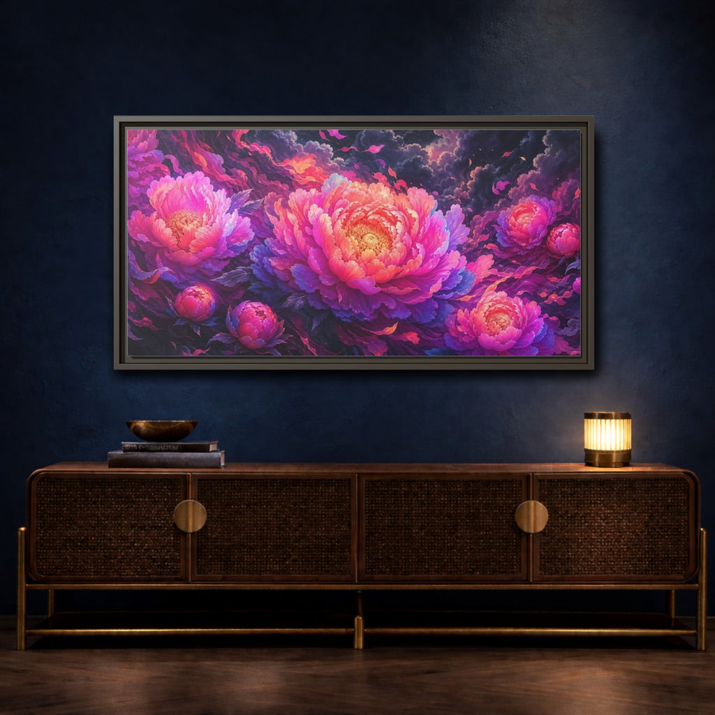 Mockup 4. Floral Peonies Pink And Purple Peonies shown as stretched canvas wall art