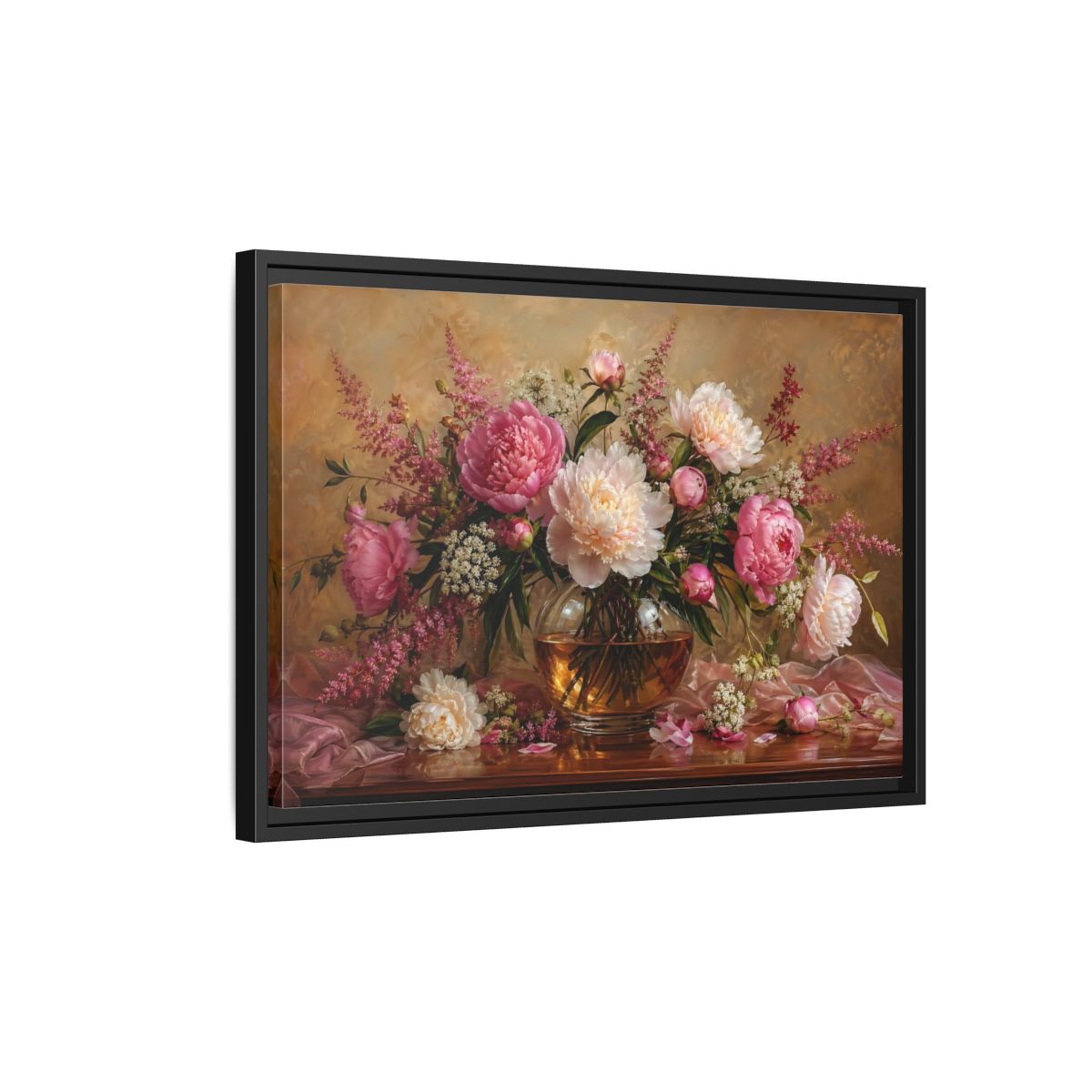 Side Mockup 3. Floral Peonies Pink Peony Bouquet shown as stretched canvas wall art