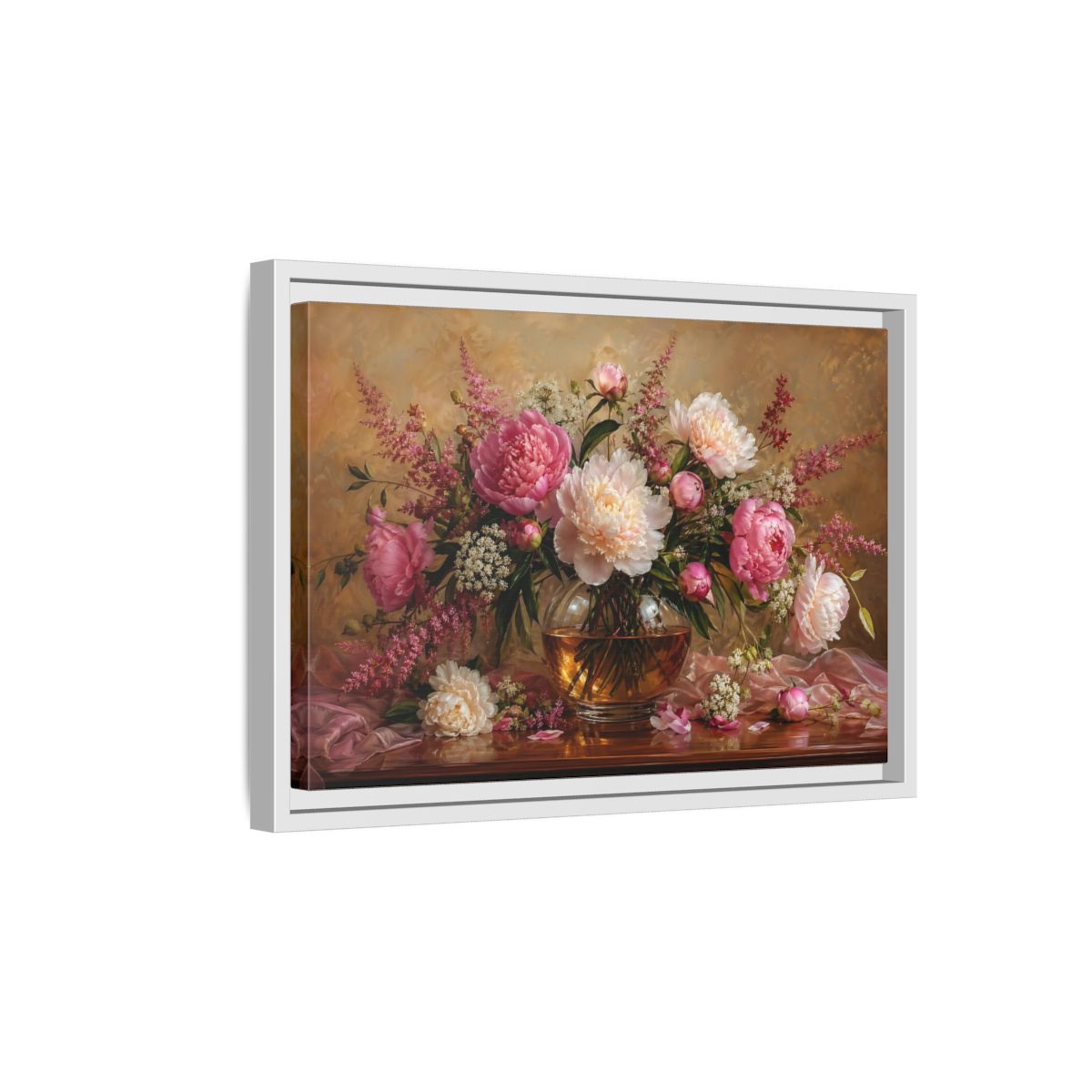 Side Mockup 4. Floral Peonies Pink Peony Bouquet shown as stretched canvas wall art
