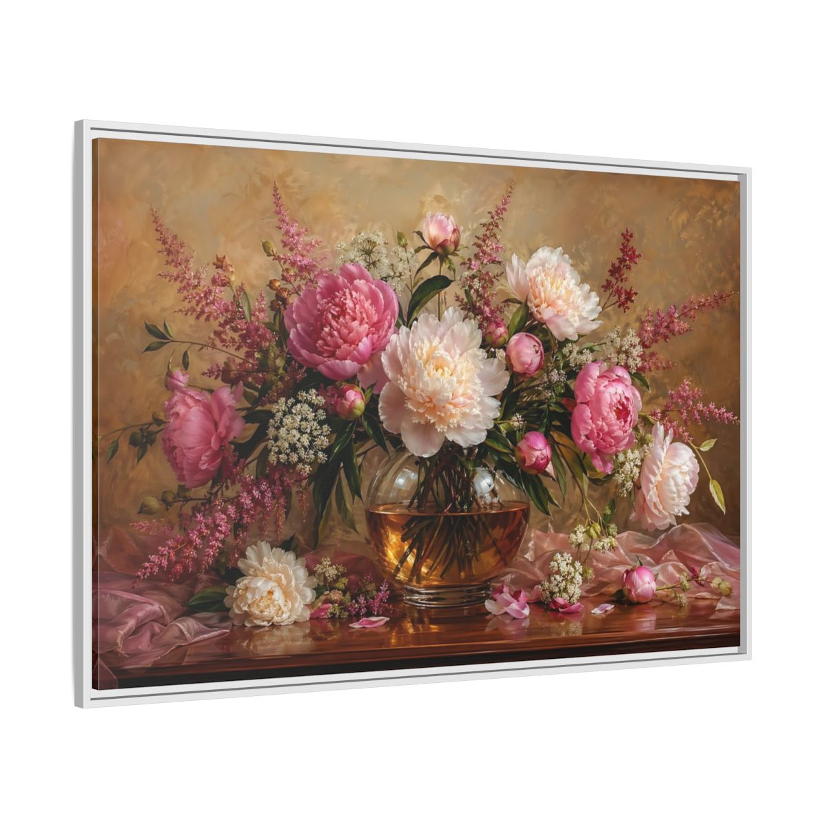 Side Mockup 7. Floral Peonies Pink Peony Bouquet shown as stretched canvas wall art