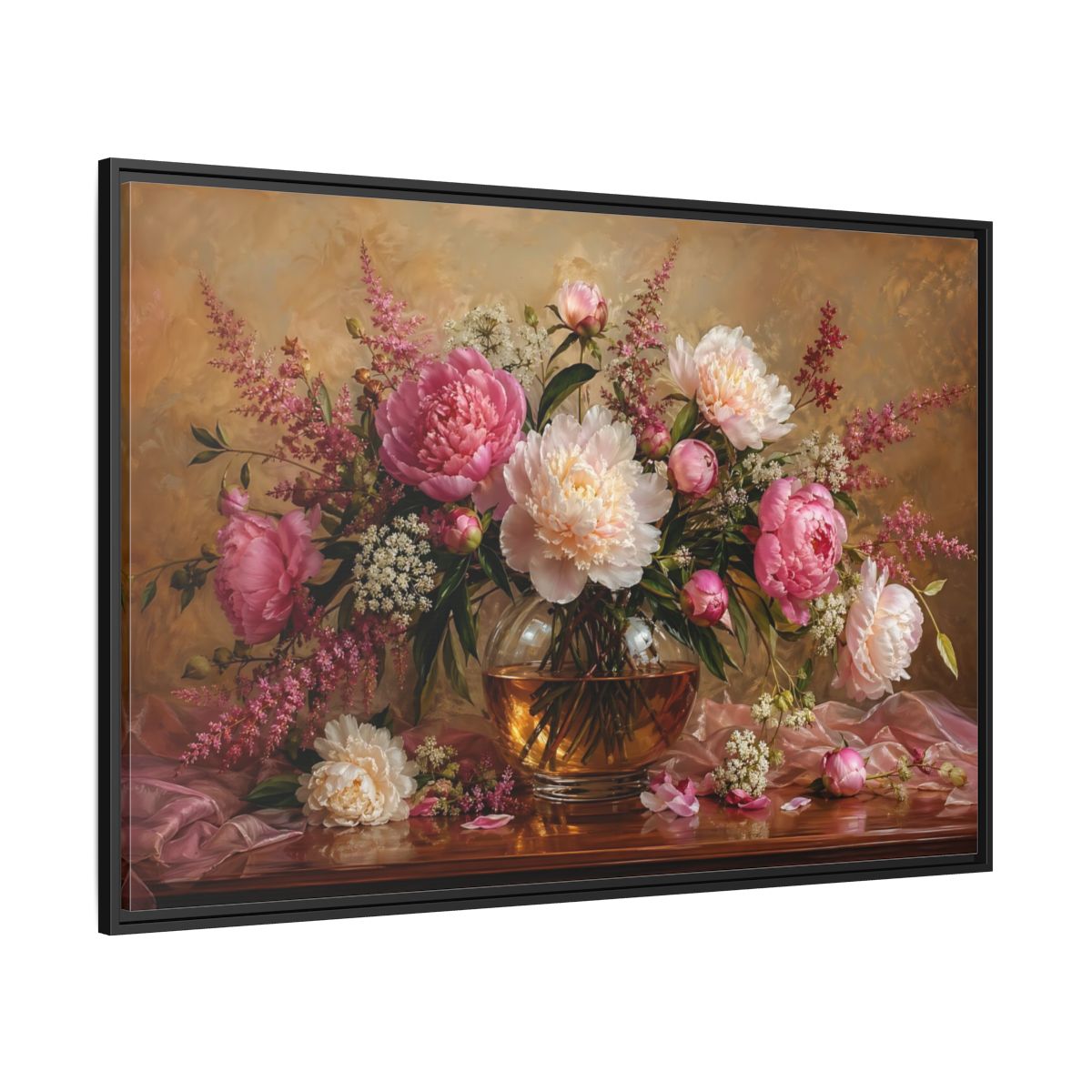 Side Mockup 12. Floral Peonies Pink Peony Bouquet shown as stretched canvas wall art