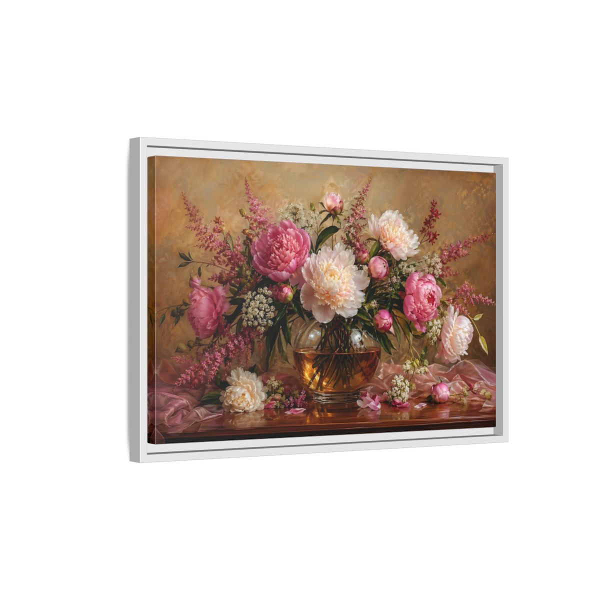 Side Mockup 1. Floral Peonies Pink Peony Bouquet shown as stretched canvas wall art