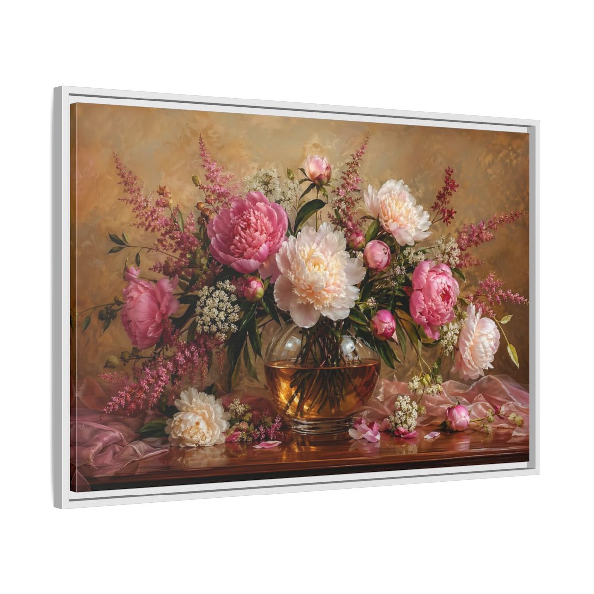 Side Mockup 9. Floral Peonies Pink Peony Bouquet shown as stretched canvas wall art
