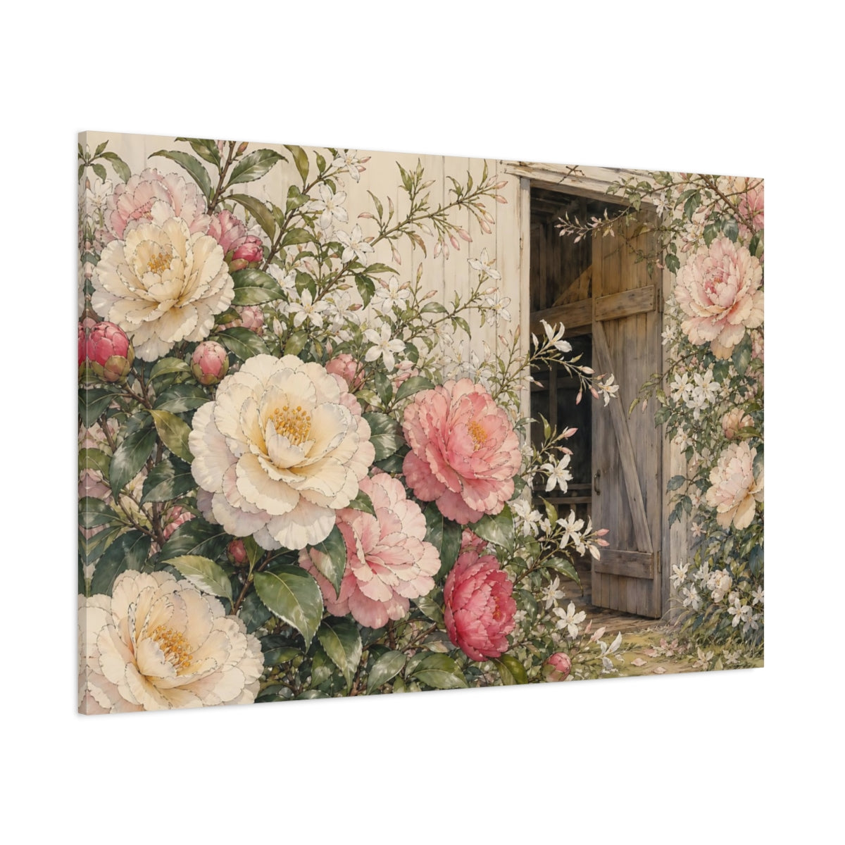 Side Mockup 1. Floral Peonies Pink Cream Floral shown as stretched canvas wall art