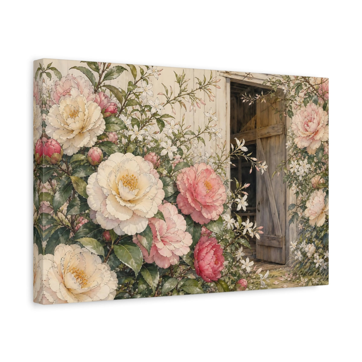 Side Mockup 4. Floral Peonies Pink Cream Floral shown as stretched canvas wall art