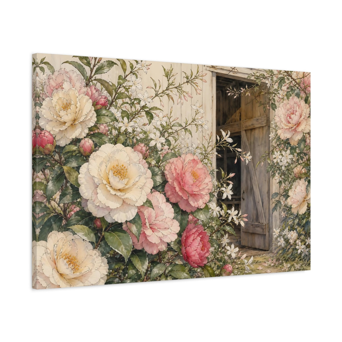 Main Mockup. Floral Peonies Pink Cream Floral shown as stretched canvas wall art
