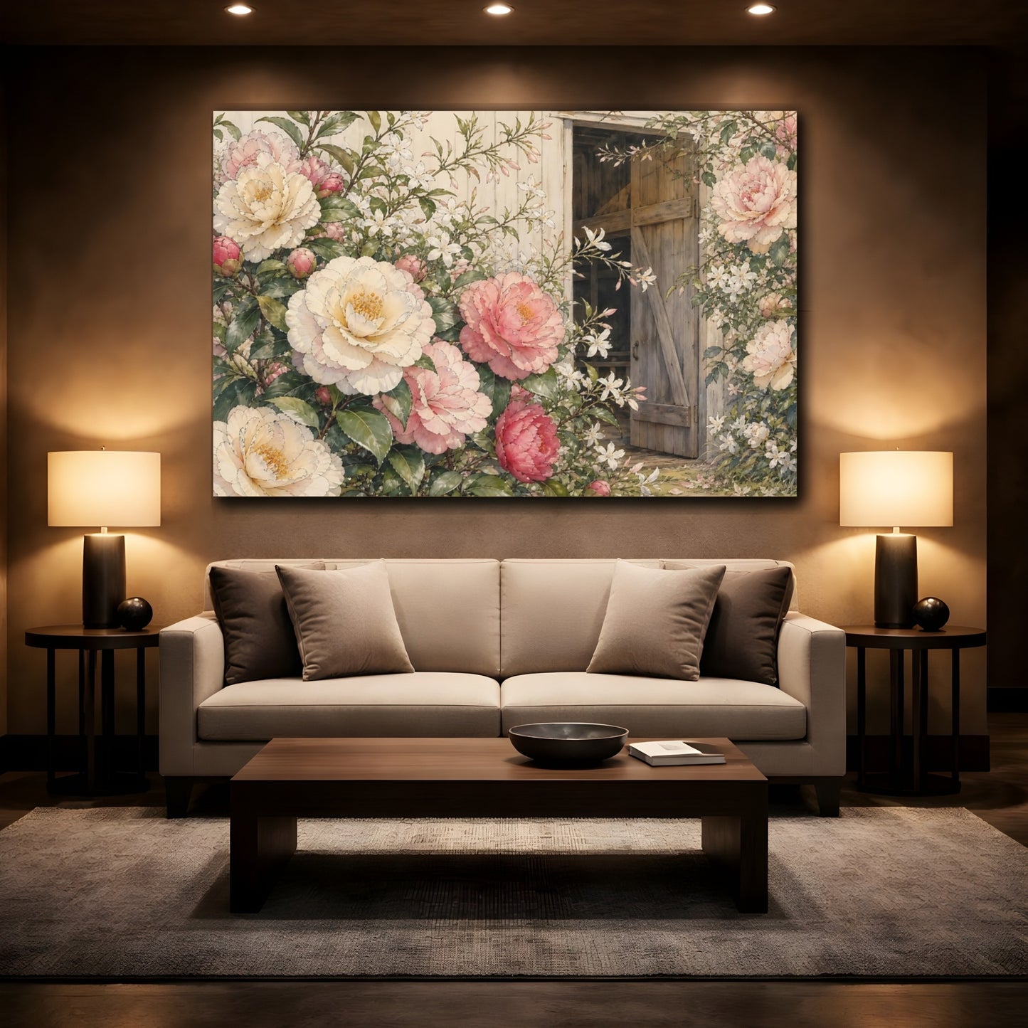 Mockup 2. Floral Peonies Pink Cream Floral shown as stretched canvas wall art