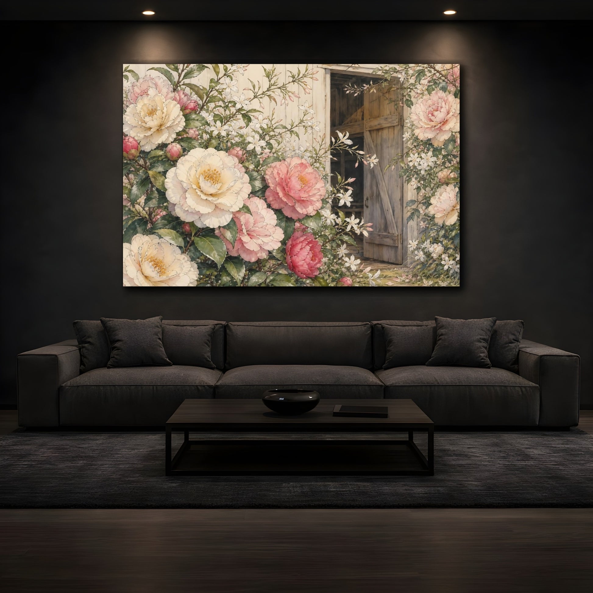 Mockup 3. Floral Peonies Pink Cream Floral shown as stretched canvas wall art