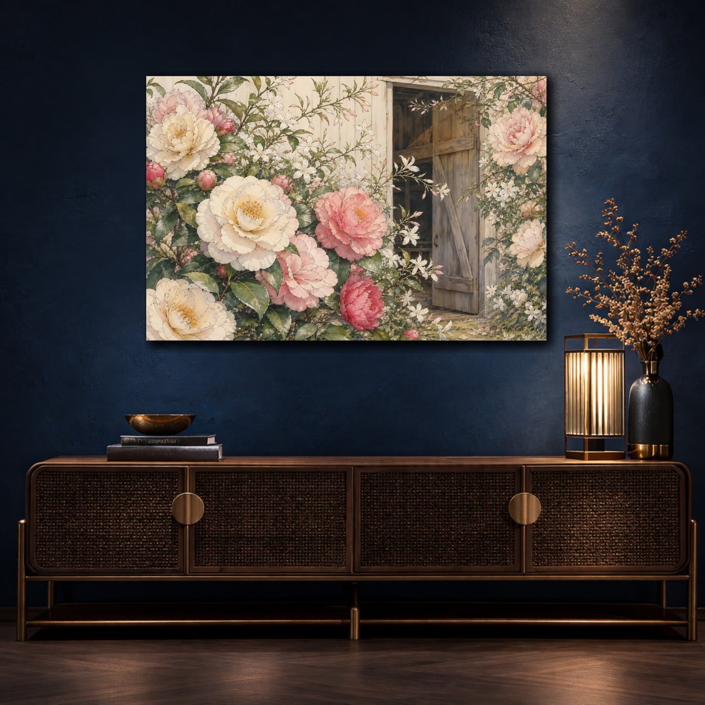 Mockup 4. Floral Peonies Pink Cream Floral shown as stretched canvas wall art