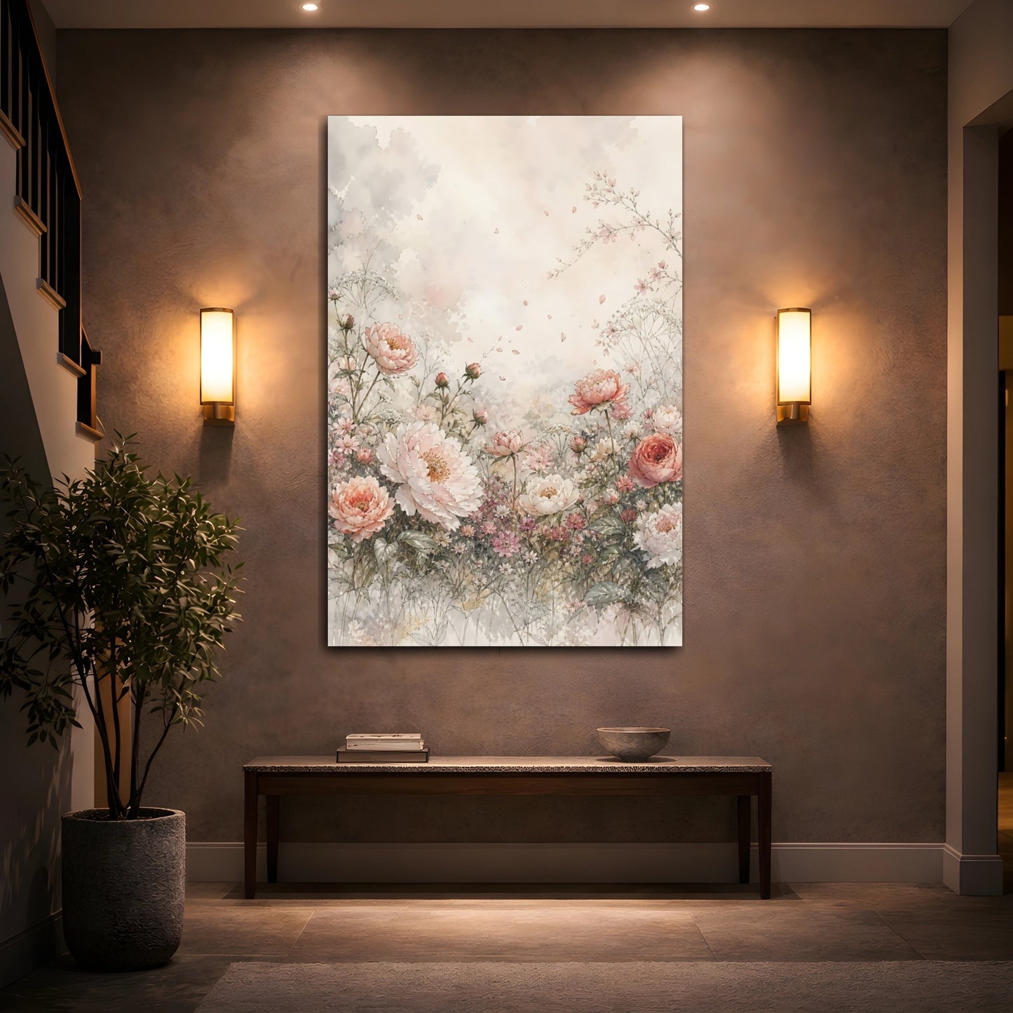 Mockup 2. Floral Peonies Pink Floral Watercolor shown as stretched canvas wall art