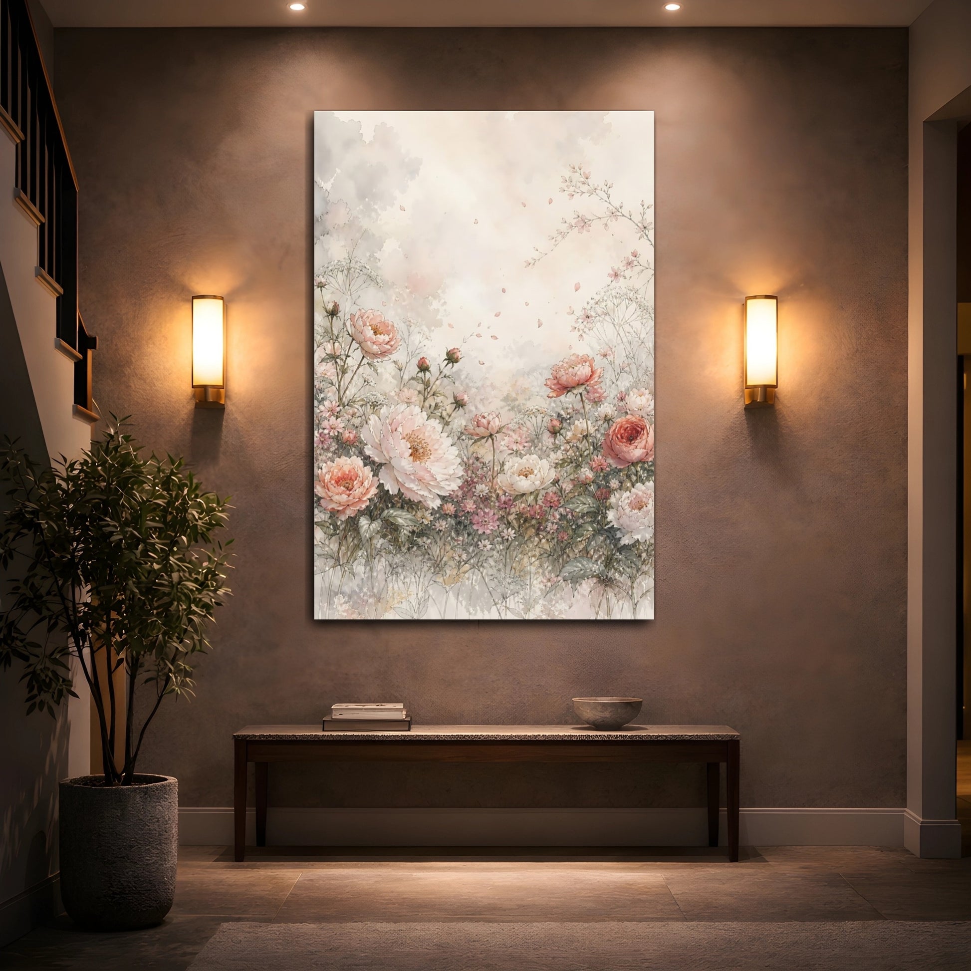 Mockup 2. Floral Peonies Pink Floral Watercolor shown as stretched canvas wall art