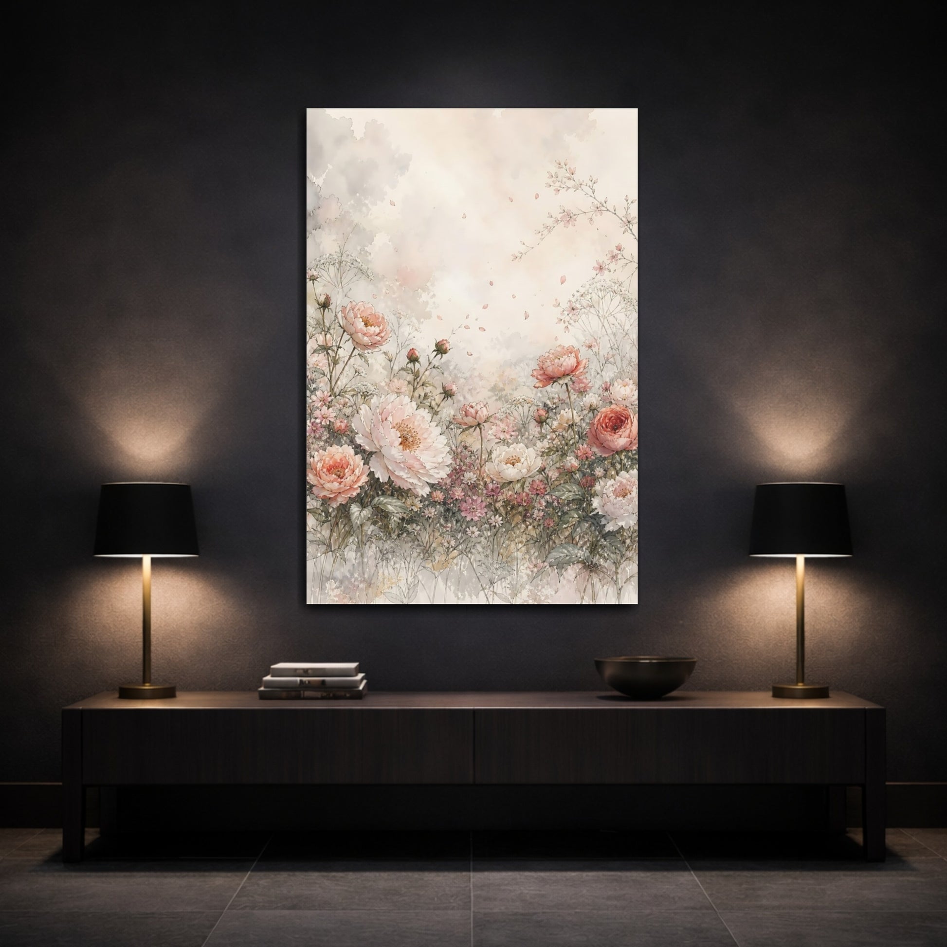 Mockup 3. Floral Peonies Pink Floral Watercolor shown as stretched canvas wall art