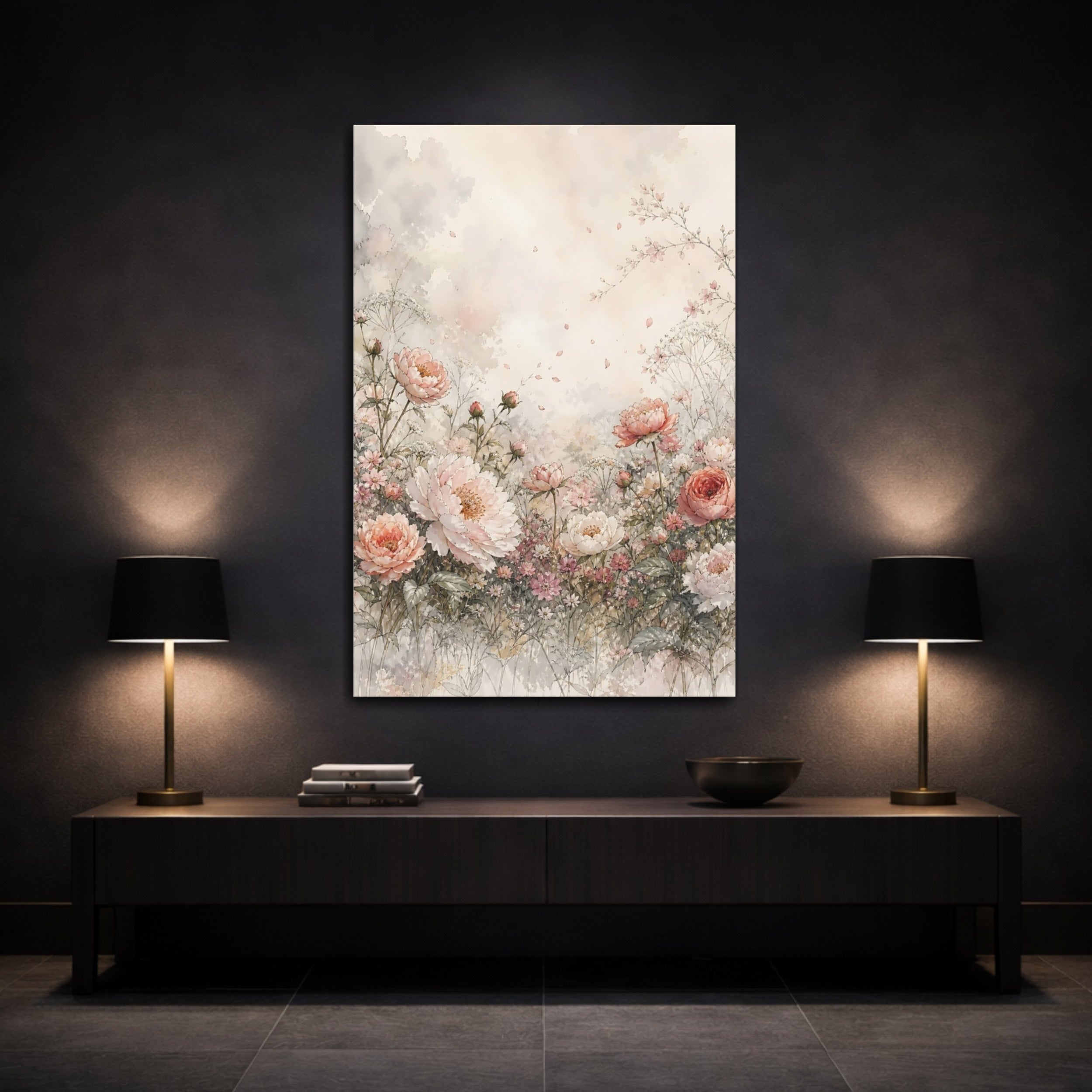 Mockup 3. Floral Peonies Pink Floral Watercolor shown as stretched canvas wall art