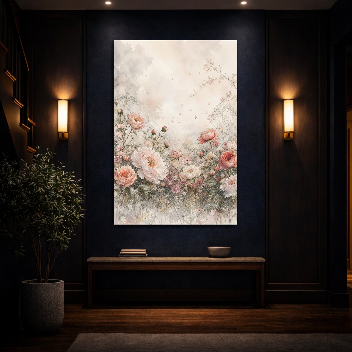 Mockup 4. Floral Peonies Pink Floral Watercolor shown as stretched canvas wall art