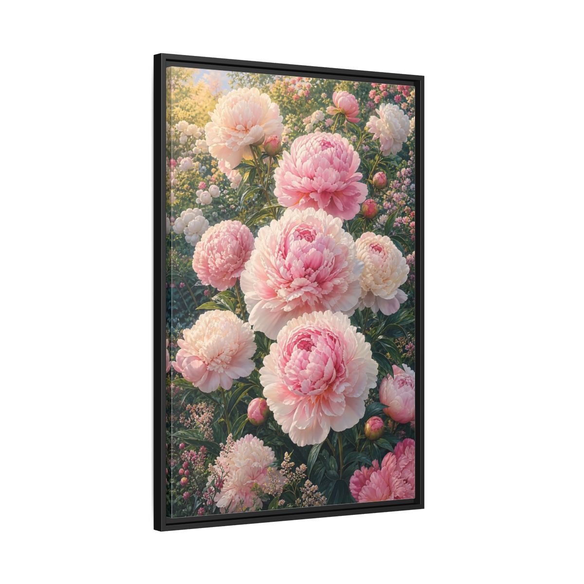 Floral Peonies Pink Framed Canvas Wall Art - Living Room, Above Console Table shown as canvas wall art