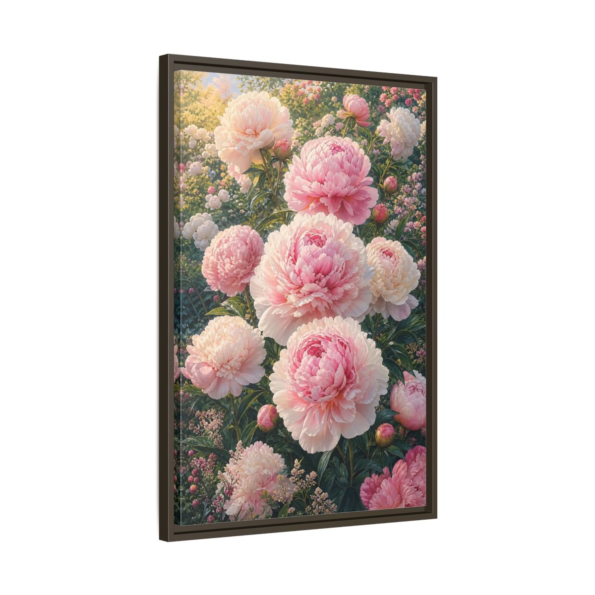 Floral Peonies Pink Framed Canvas Wall Art - Living Room, Above Console Table shown as canvas wall art