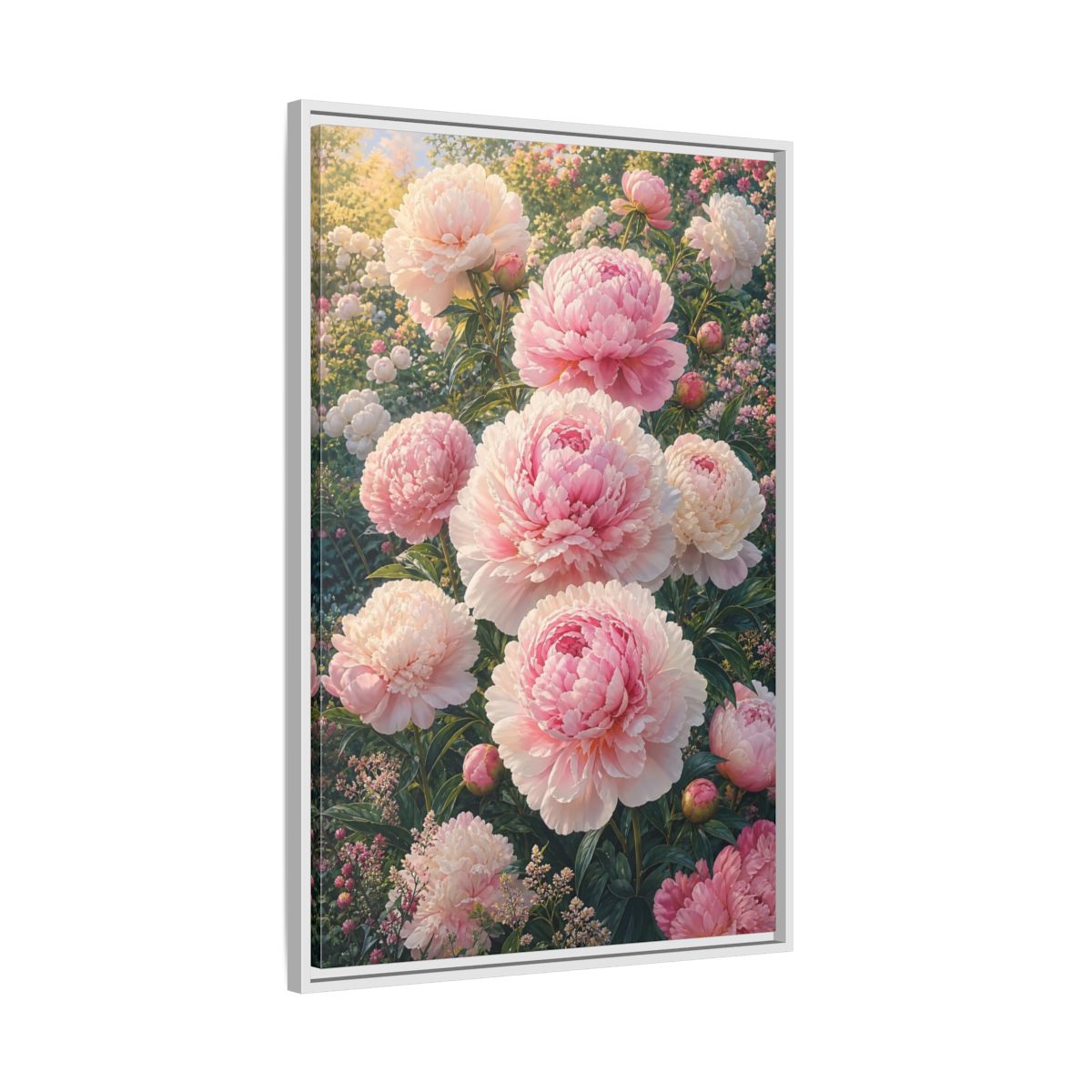Floral Peonies Pink Framed Canvas Wall Art - Living Room, Above Console Table shown as canvas wall art