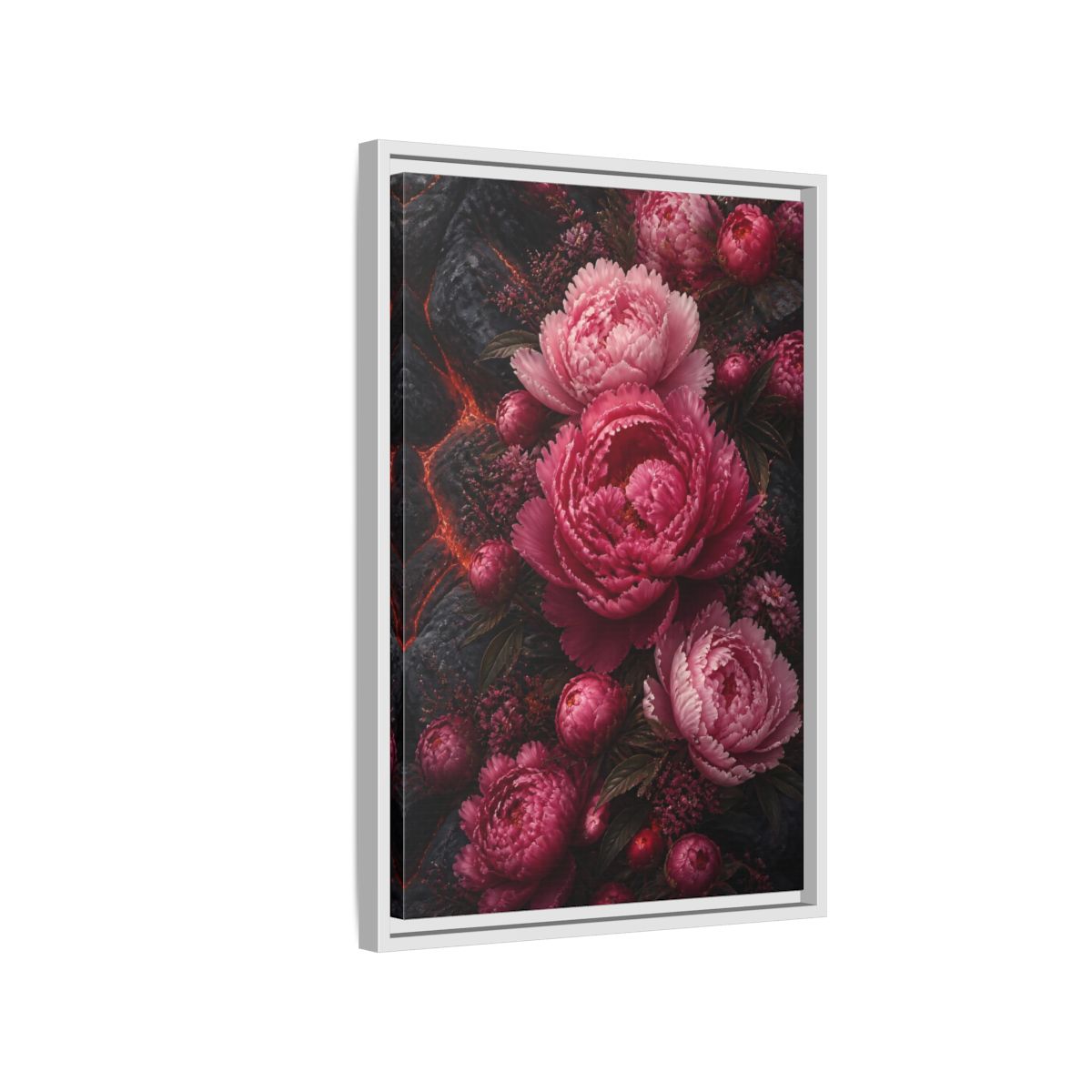 Side Mockup 1. Floral Peonies Pink Peonies shown as stretched canvas wall art