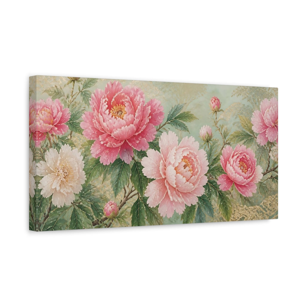 Side Mockup 3. Floral Peonies Pink Peonies Gold shown as stretched canvas wall art