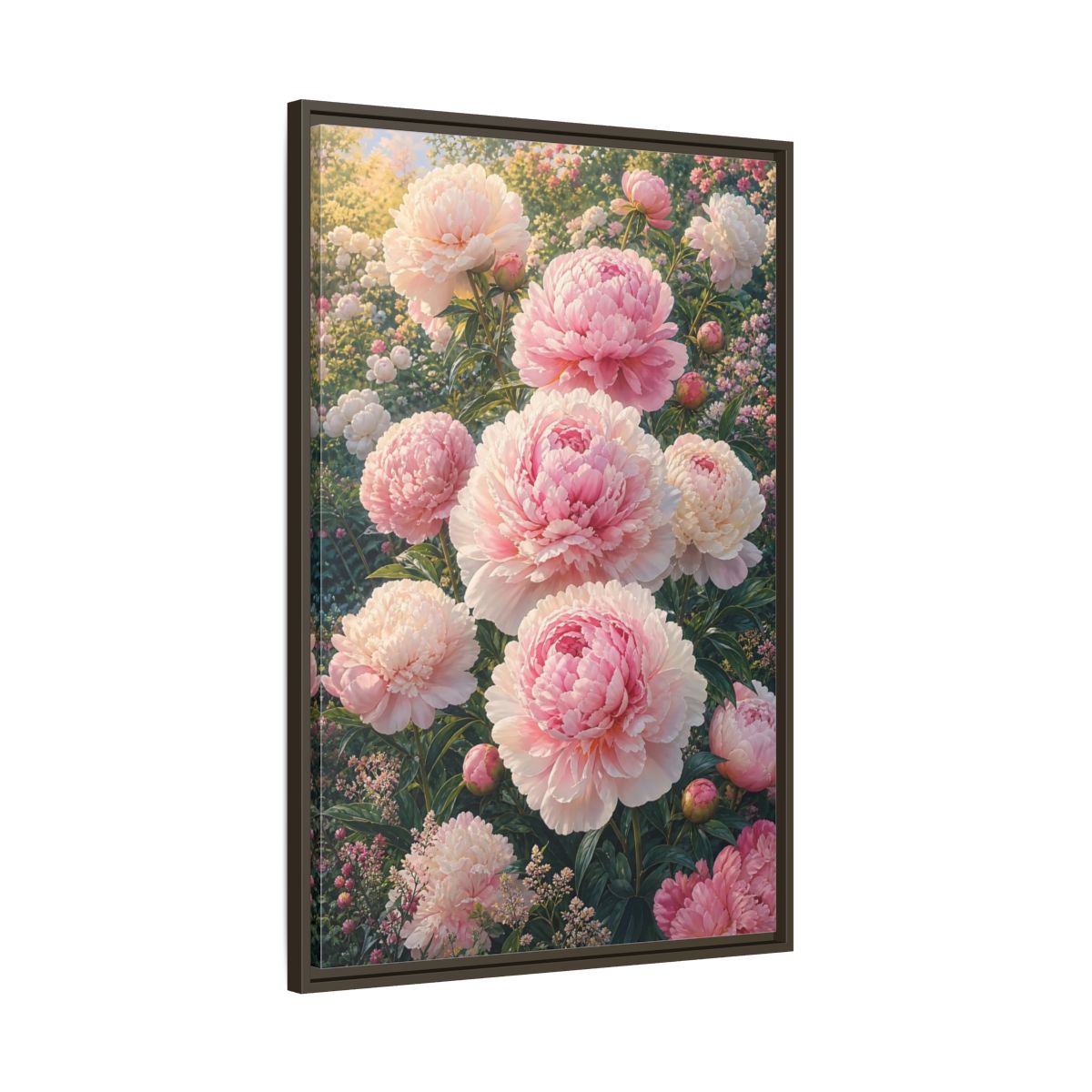 Floral Peonies Pink Framed Canvas Wall Art - Living Room, Above Console Table shown as canvas wall art